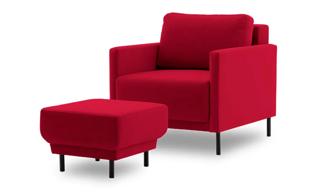 Sessel LAYA 70 mit Hocker - Polstersessel - Farben zur Auswahl - Minimalistisches Design - Holzfüße - Veloursstoff Stoff TRINITY 24 ROT